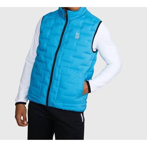 NEW PSYCHO BUNNY men's spencer reversible down vest in neon pool - Picture 1 of 5